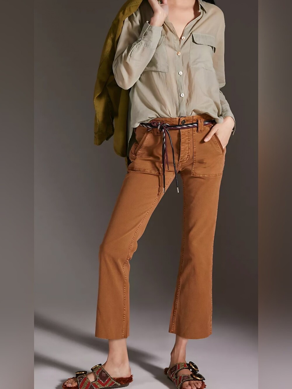 NWOT Pilco Utility Kick Flare Cropped Raw Hem Pants Boho Western Tan Brown Sz 27